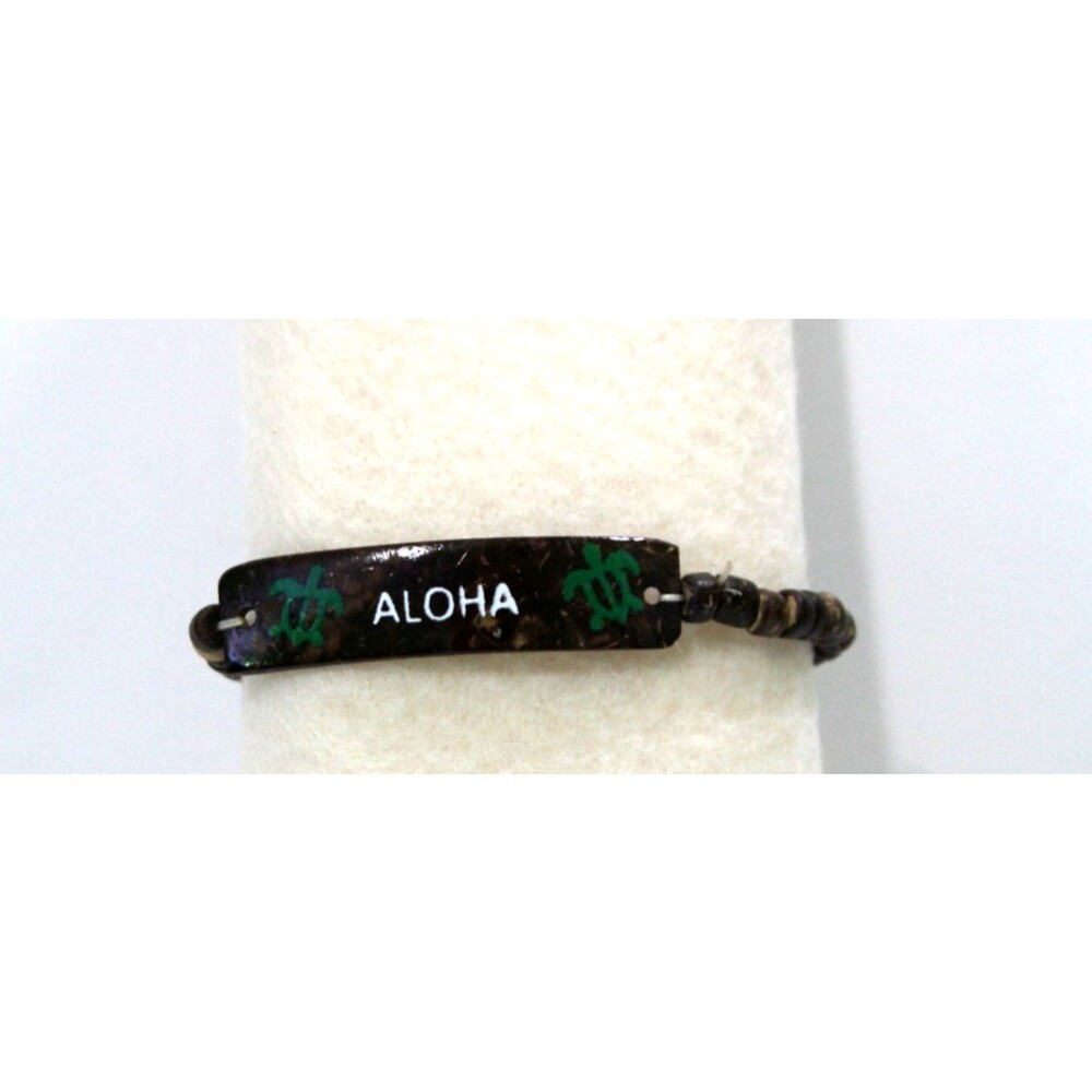 Hawaiian Coconut Shell Aloha Bracelet 7" Green Sea Turtle Boho Surfer Beachcore